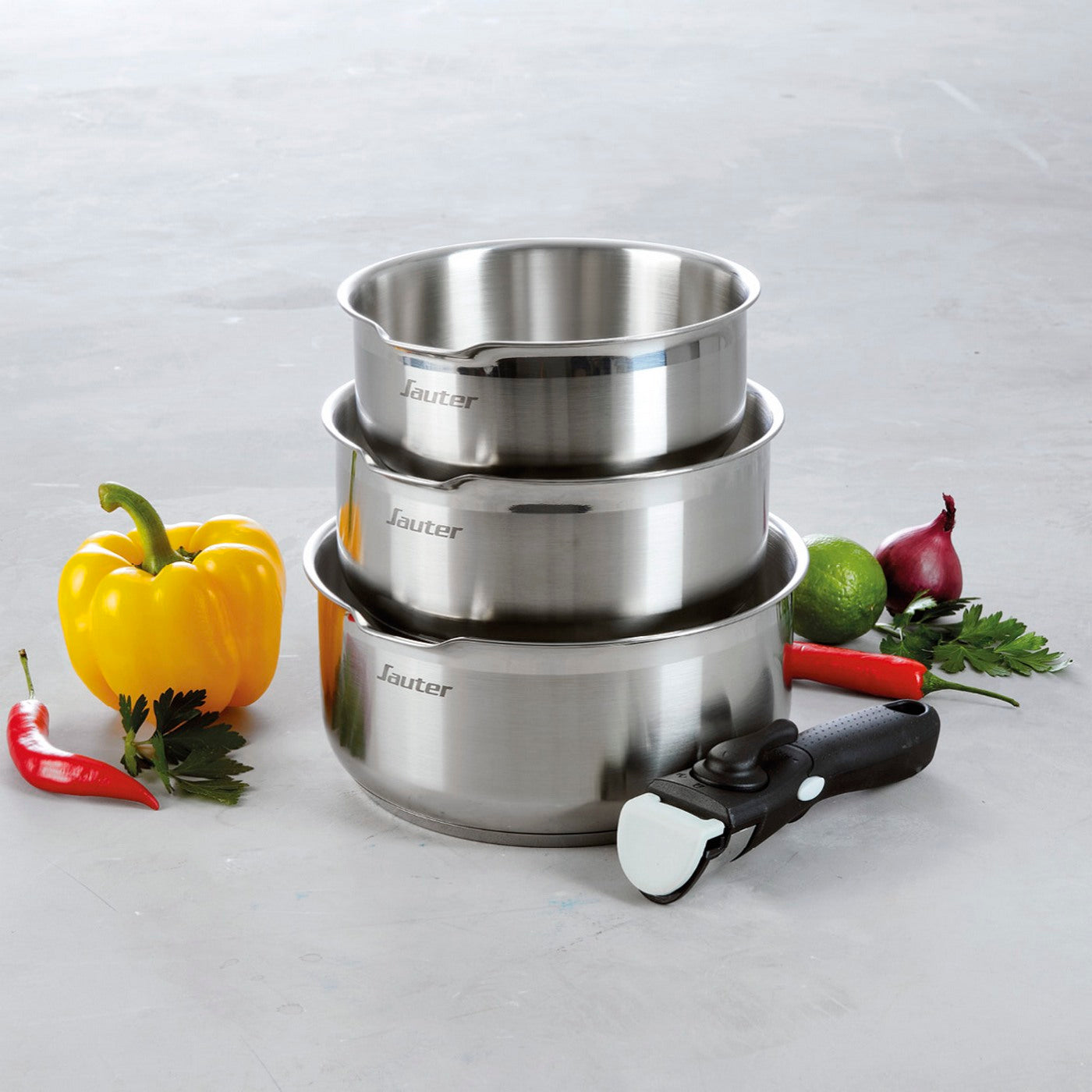 Set of 3 Saucepan with Detachable Handle - Silver