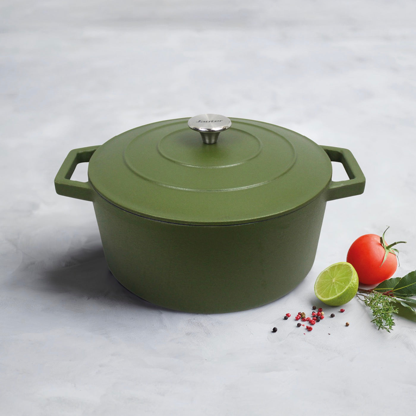 Cocotte En Fonte D'Acier Ronde - Vert Mat - 25cm