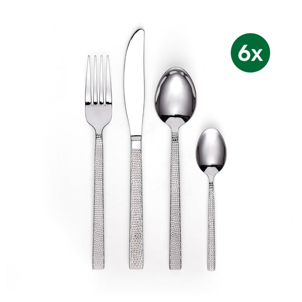 Cubertería de 24 Piezas para 6 Personas en Acero Inoxidable Martillado - Plateado