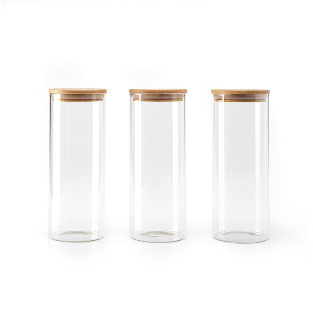 Juego de 3 tarros redondos de cristal con tapa de bambú - Transparente
