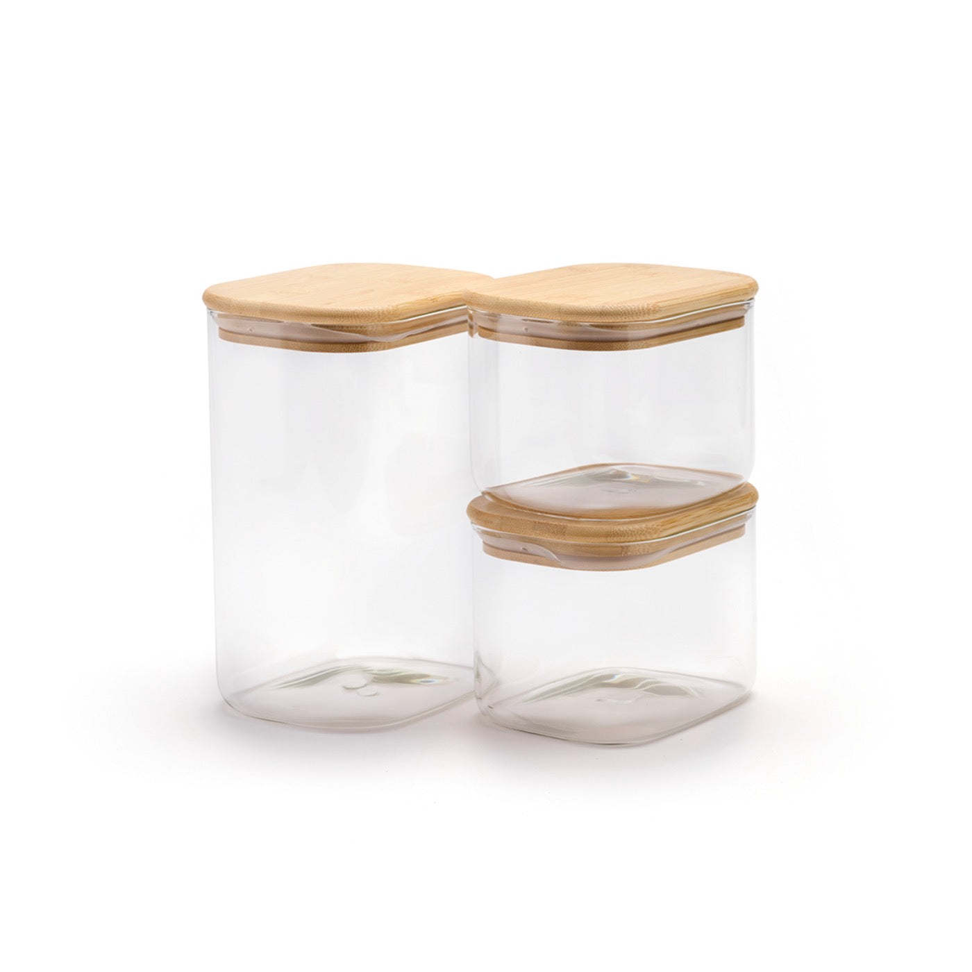 Set de 3 Botes de Vidrio con Tapa de Bambú - Transparente