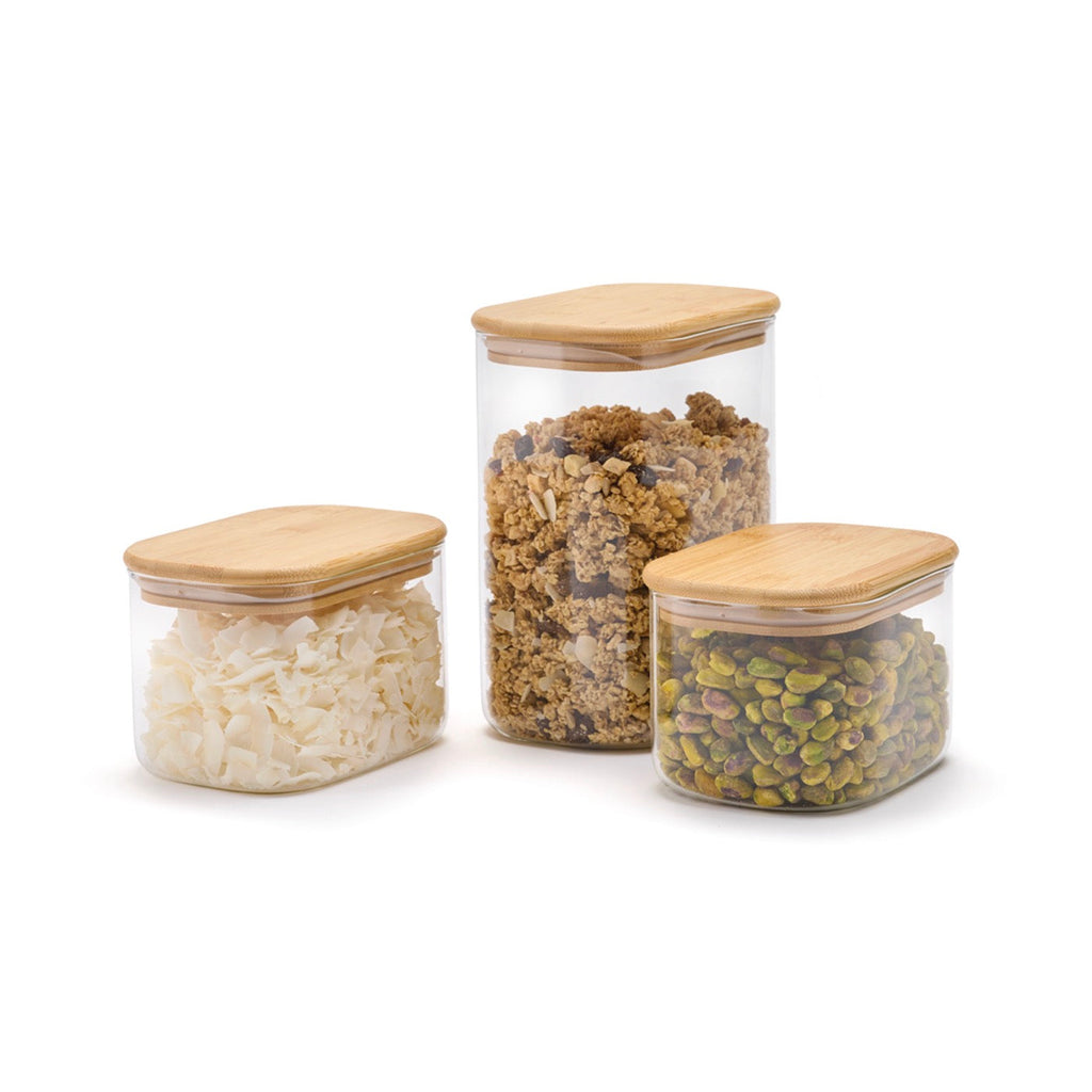 Set de 3 Botes de Vidrio con Tapa de Bambú - Transparente