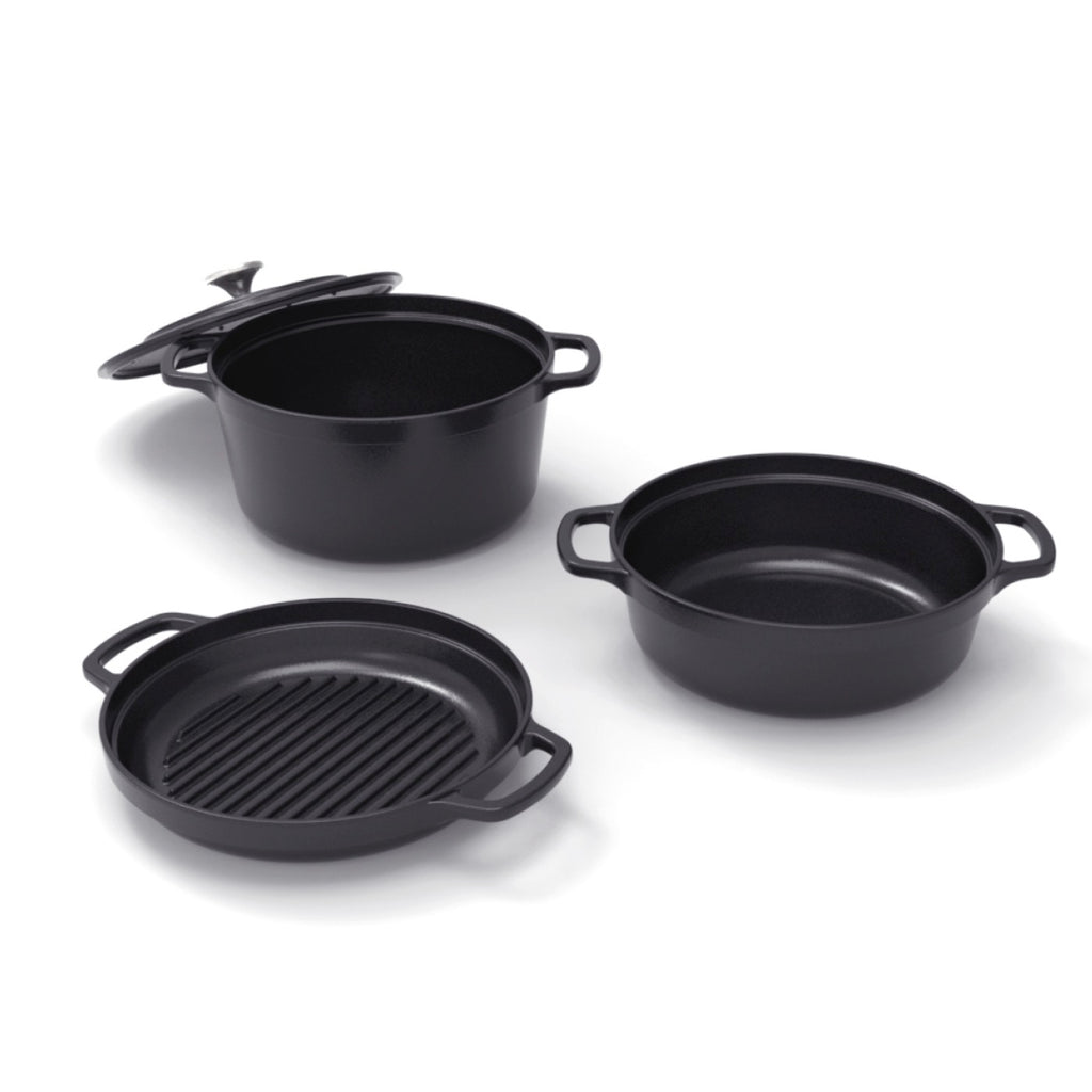 Batterie De Cuisine Empilable En Fonte 4 Pièces (Cocotte + Sauteuse + Poêle Grill) + 4 Protections En Silicone - Noir