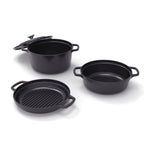 Batterie De Cuisine Empilable En Fonte 4 Pièces (Cocotte + Sauteuse + Poêle Grill) + 4 Protections En Silicone - Noir