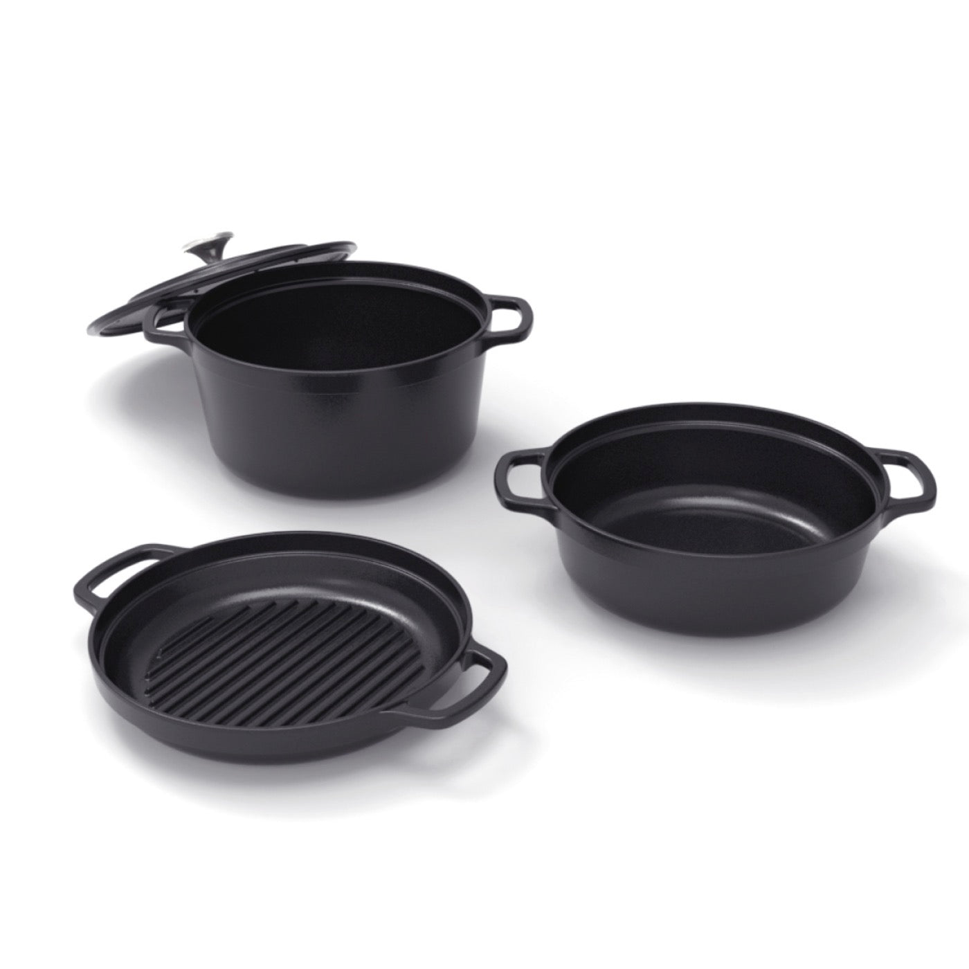 Batterie De Cuisine Empilable En Fonte 4 Pièces (Cocotte + Sauteuse + Poêle Grill) + 4 Protections En Silicone - Noir