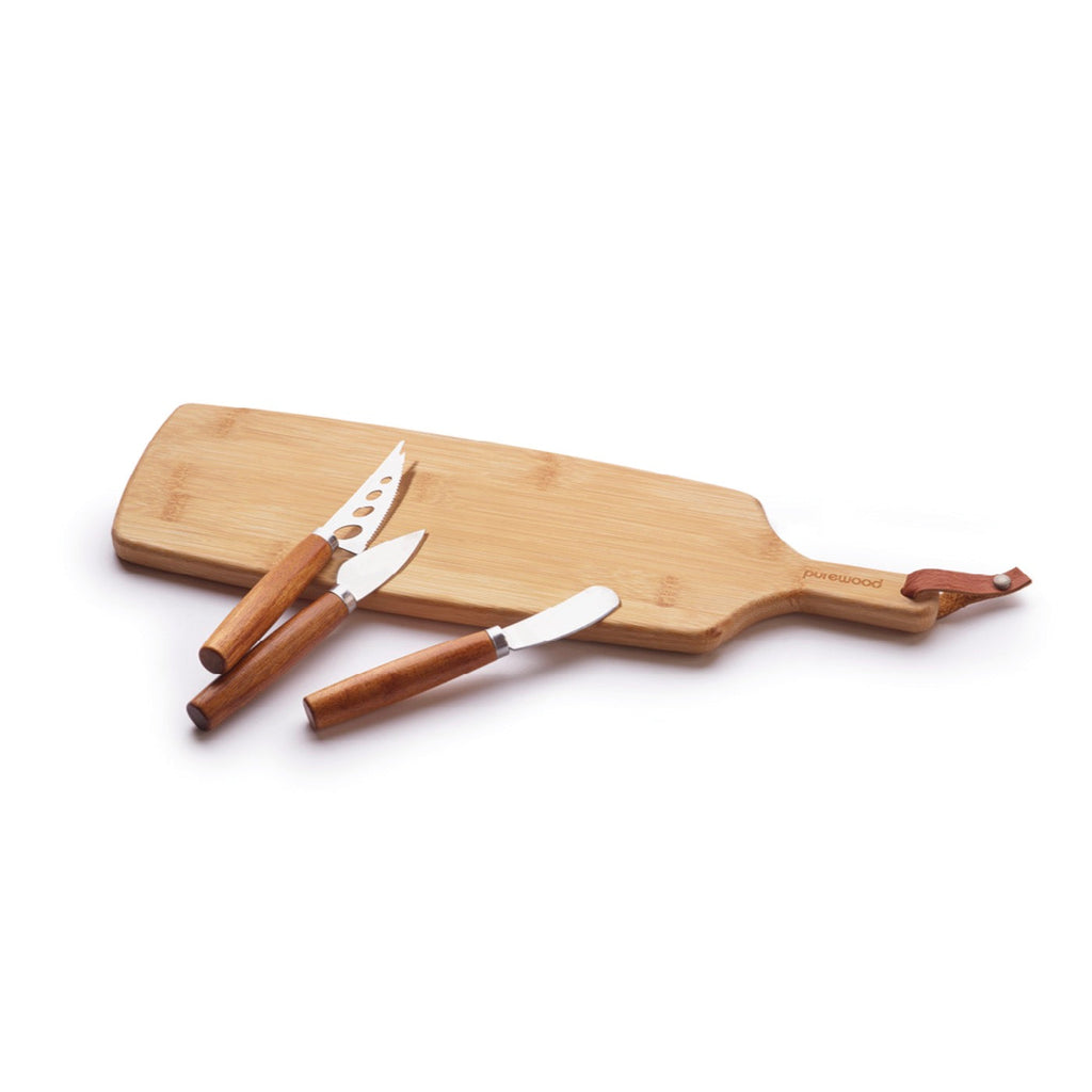 Tabla de Cortar Rectangular con Mango + Set de 3 Cuchillos para Queso - Bambú - Madera