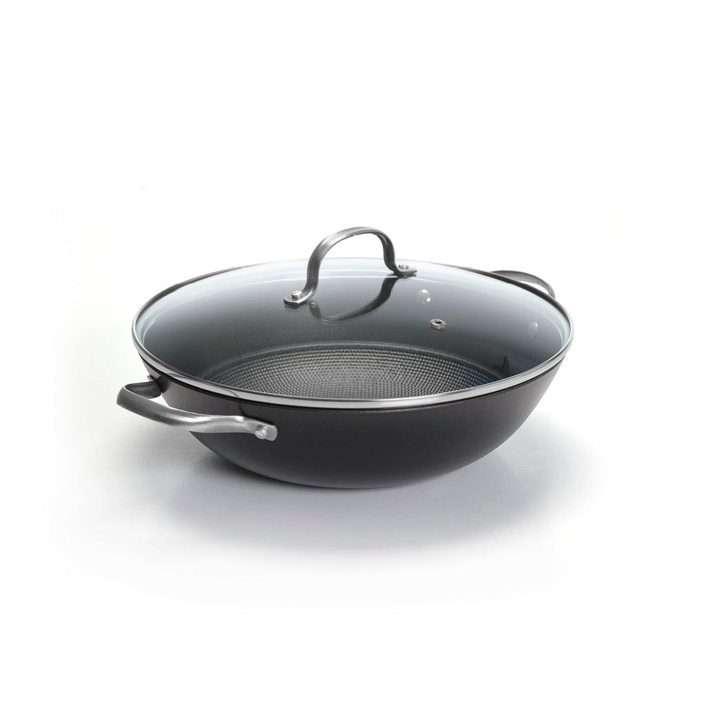 Wok En Fonte Avec Nid D'Abeille Avec Couvercle - 30 Cm - Noir
