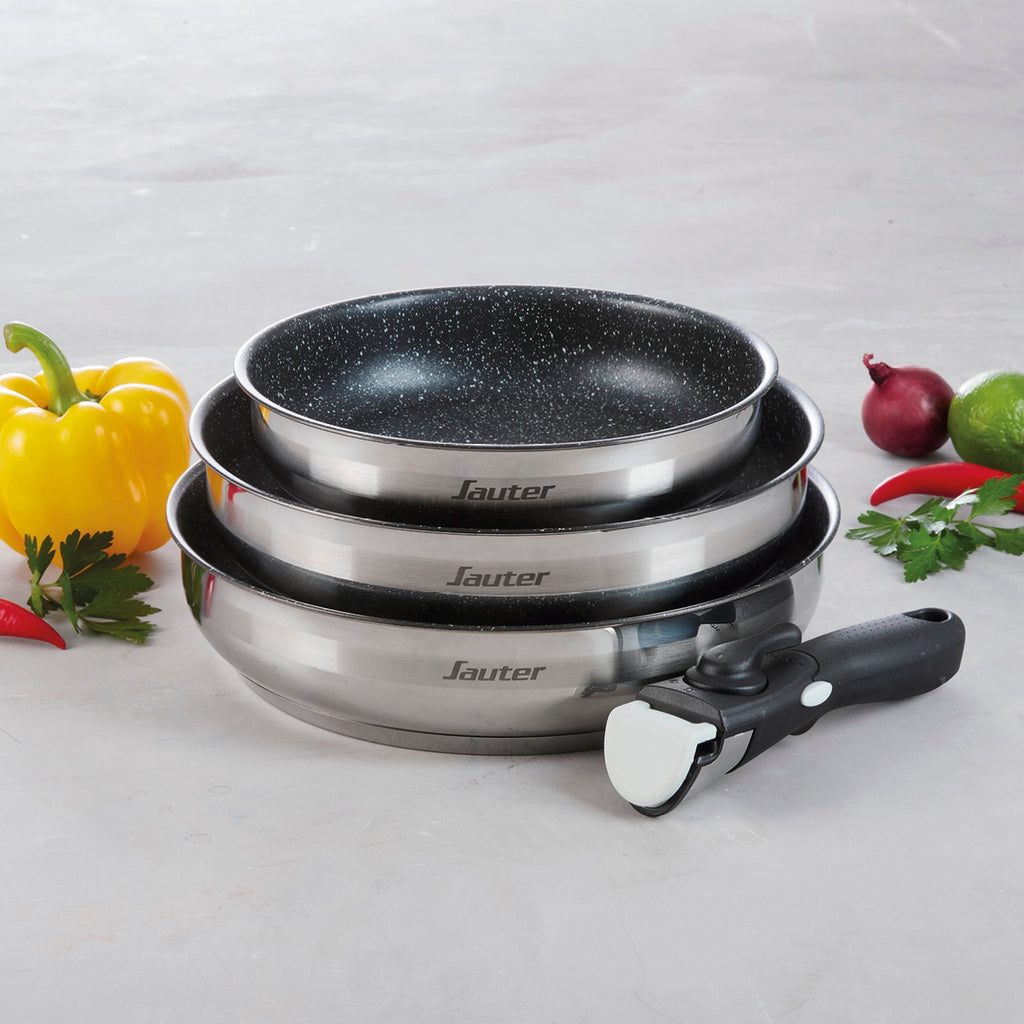 Set of 3 Non-Stick Frying Pans with Removable Handle - Silver