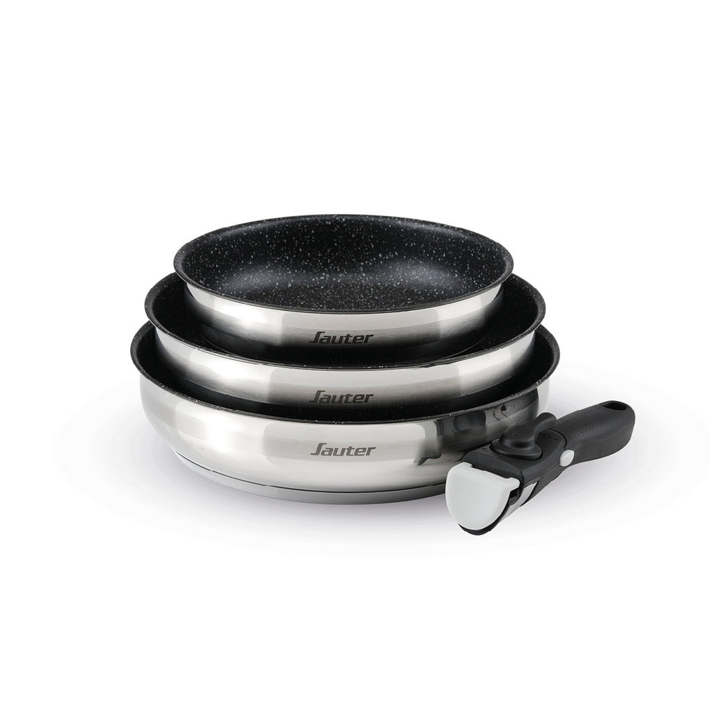 Set of 3 Non-Stick Frying Pans with Removable Handle - Silver