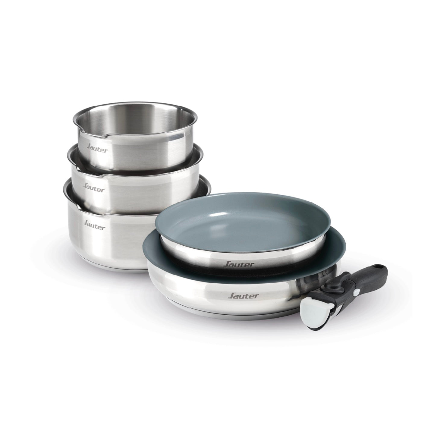 Batterie Empilable Anti-Adhésive Avec Poignée Amovible 6 Pièces - Amo Ceramic Grey - Argenté