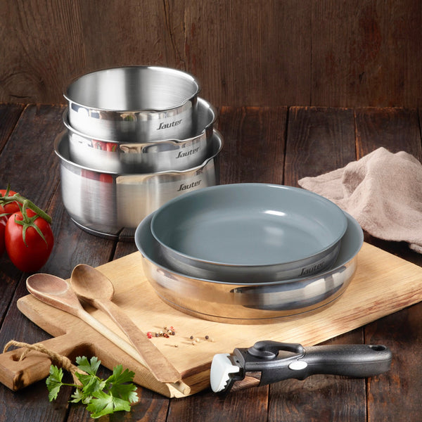 6-Piece Stackable Non-Stick Cookware Set With Removable Handle - Amo Ceramic Grey - Silver