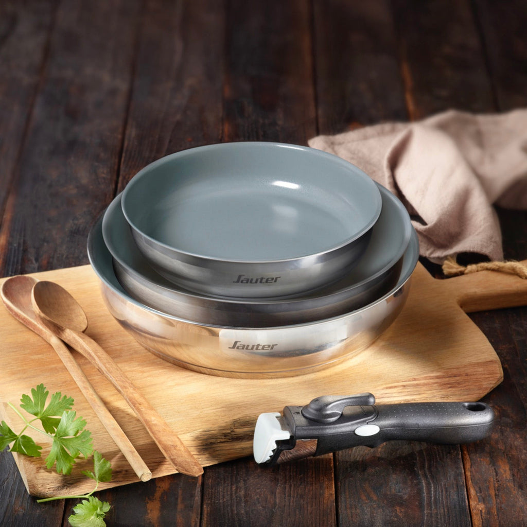 Set De 3 Poêles Anti-Adhésives Avec Poignée Amovible - Amo Ceramic Grey - Argenté