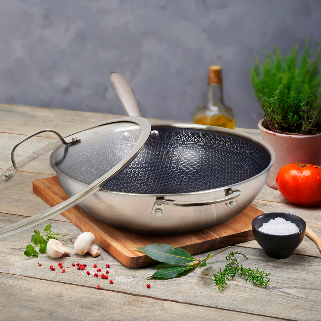Triply Stainless Steel Wok Non-Stick Honeycomb Coating 30cm - Silver
