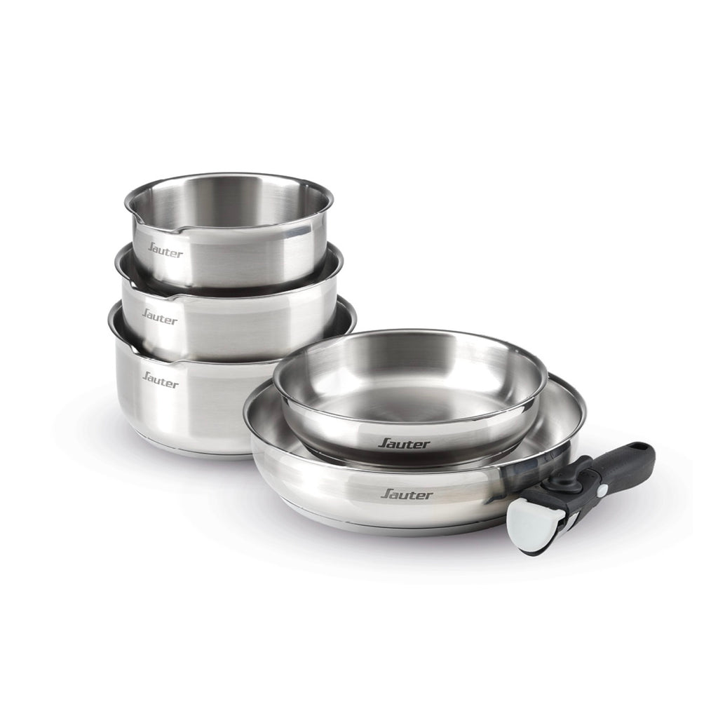 Set of 3 Stainless Steel Saucepans + 2 Frying Pans + 2 Removable Handles - Silver