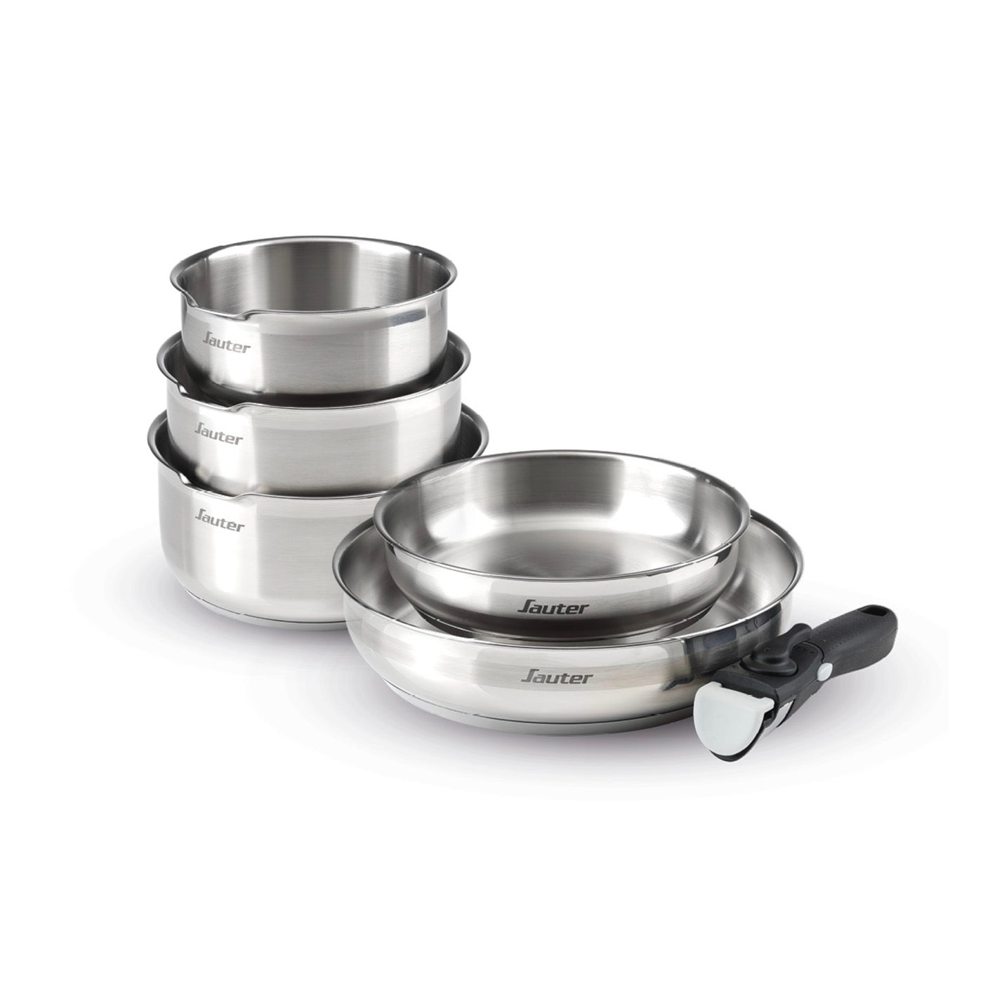 Set of 3 Stainless Steel Saucepans + 2 Frying Pans + 2 Removable Handles - Silver