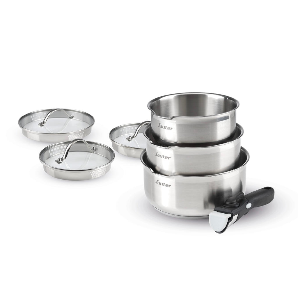 Set of 3 Stainless Steel Saucepans with Removable Handle + 3 Colander Lids with Stainless Steel Handle - Silver
