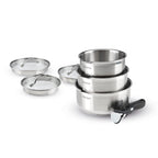 Set of 3 Stainless Steel Saucepans with Removable Handle + 3 Colander Lids with Stainless Steel Handle - Silver