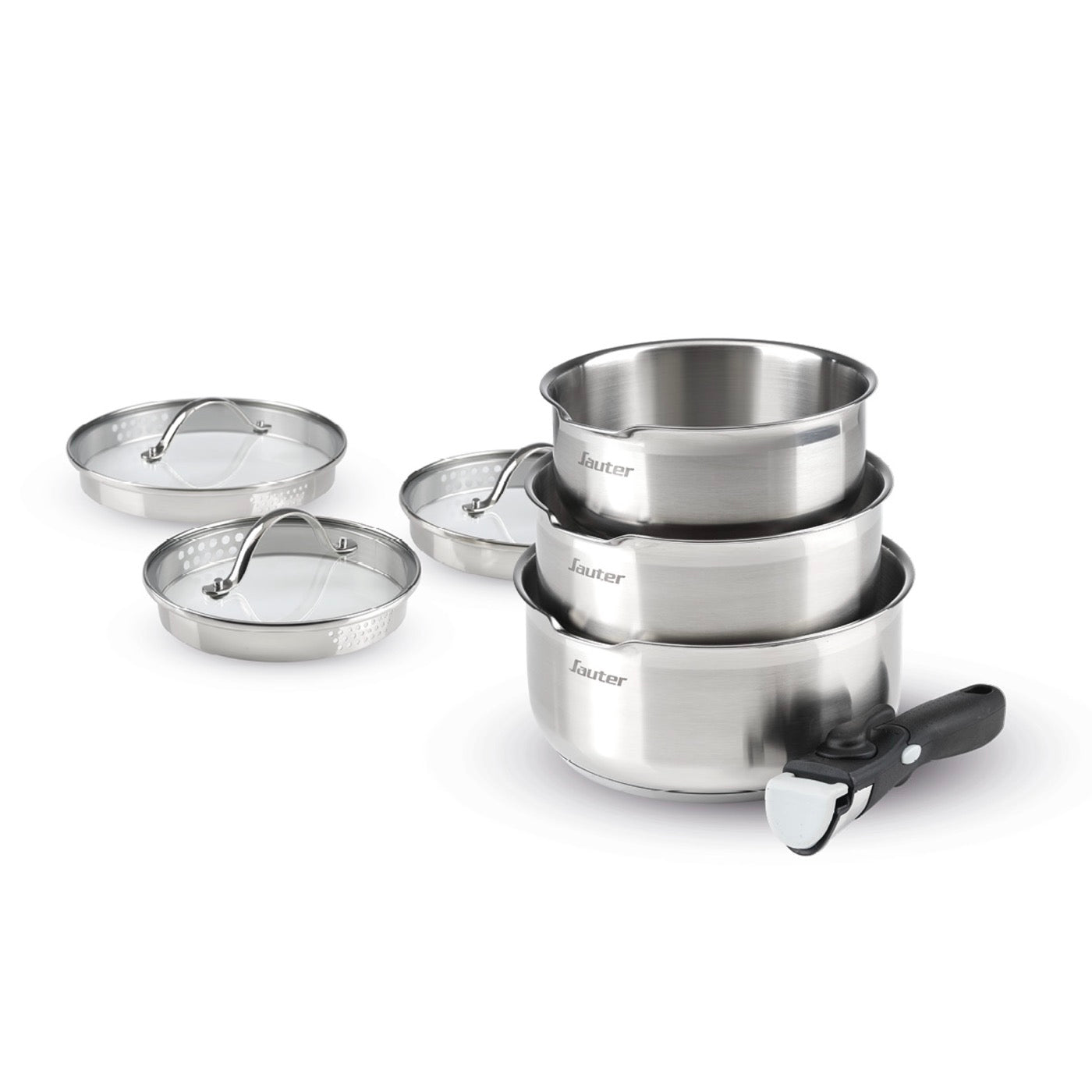 Set of 3 Stainless Steel Saucepans with Removable Handle + 3 Colander Lids with Stainless Steel Handle - Silver