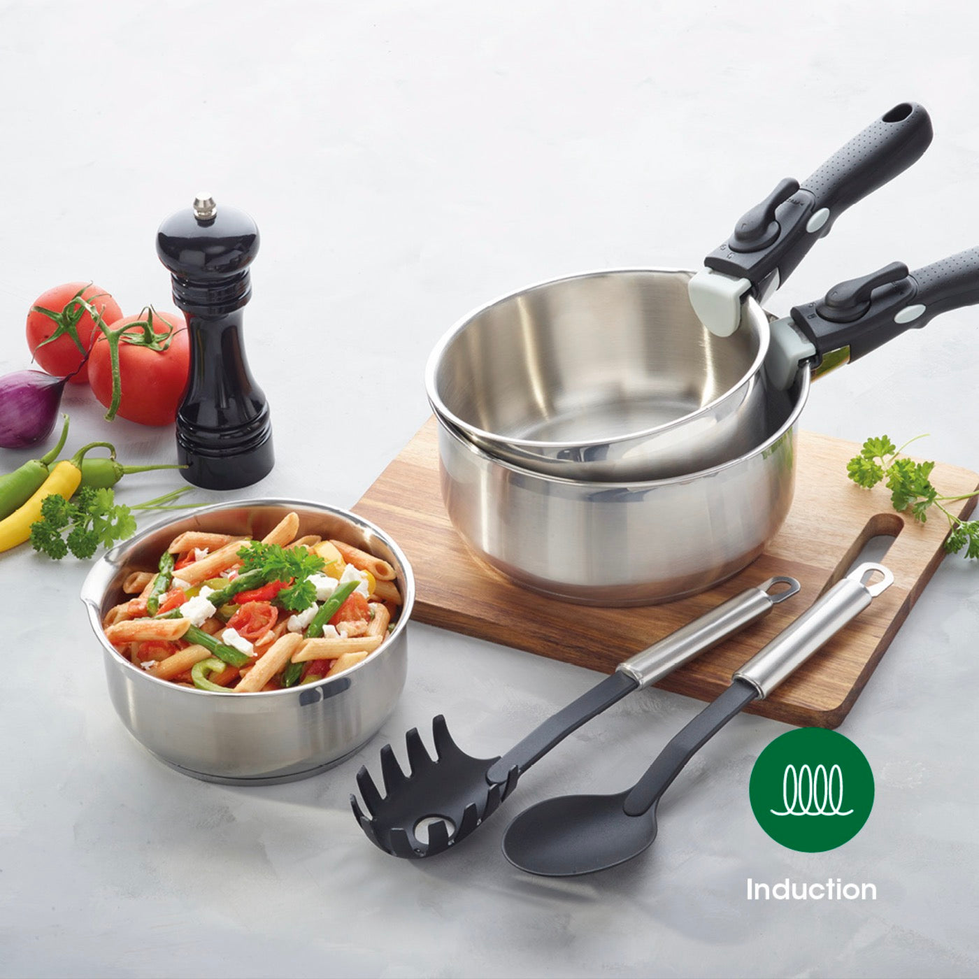 Set De 3 Casseroles En Inox Avec Poignée Amovible + 3 Couvercles Passoires Avec Manche En Inox - Argenté