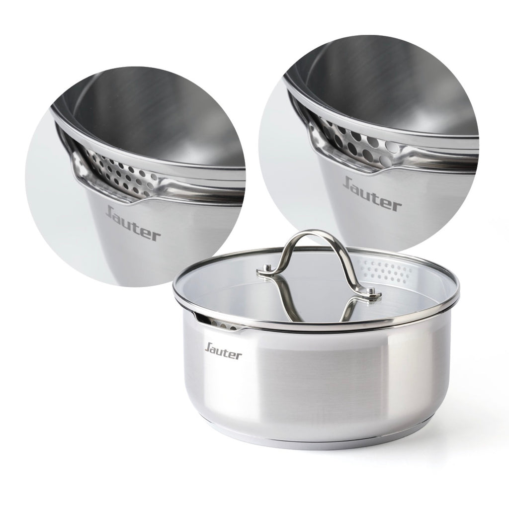 Set of 3 Stainless Steel Saucepans with Removable Handle + 3 Colander Lids with Stainless Steel Handle - Silver