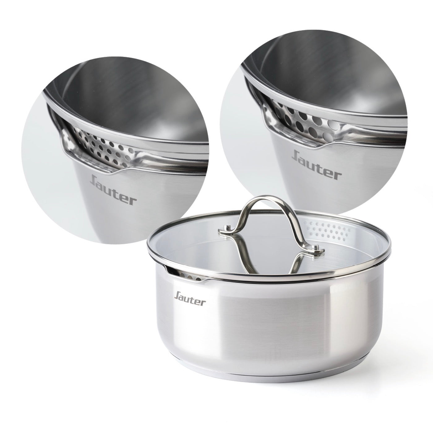 Set of 3 Stainless Steel Saucepans with Removable Handle + 3 Colander Lids with Stainless Steel Handle - Silver
