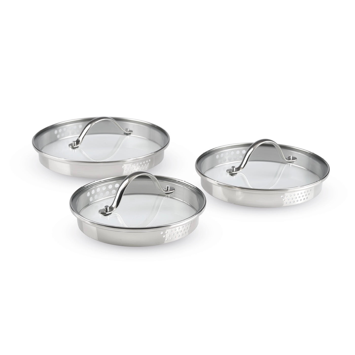 Set of 3 Stainless Steel Saucepans with Removable Handle + 3 Colander Lids with Stainless Steel Handle - Silver