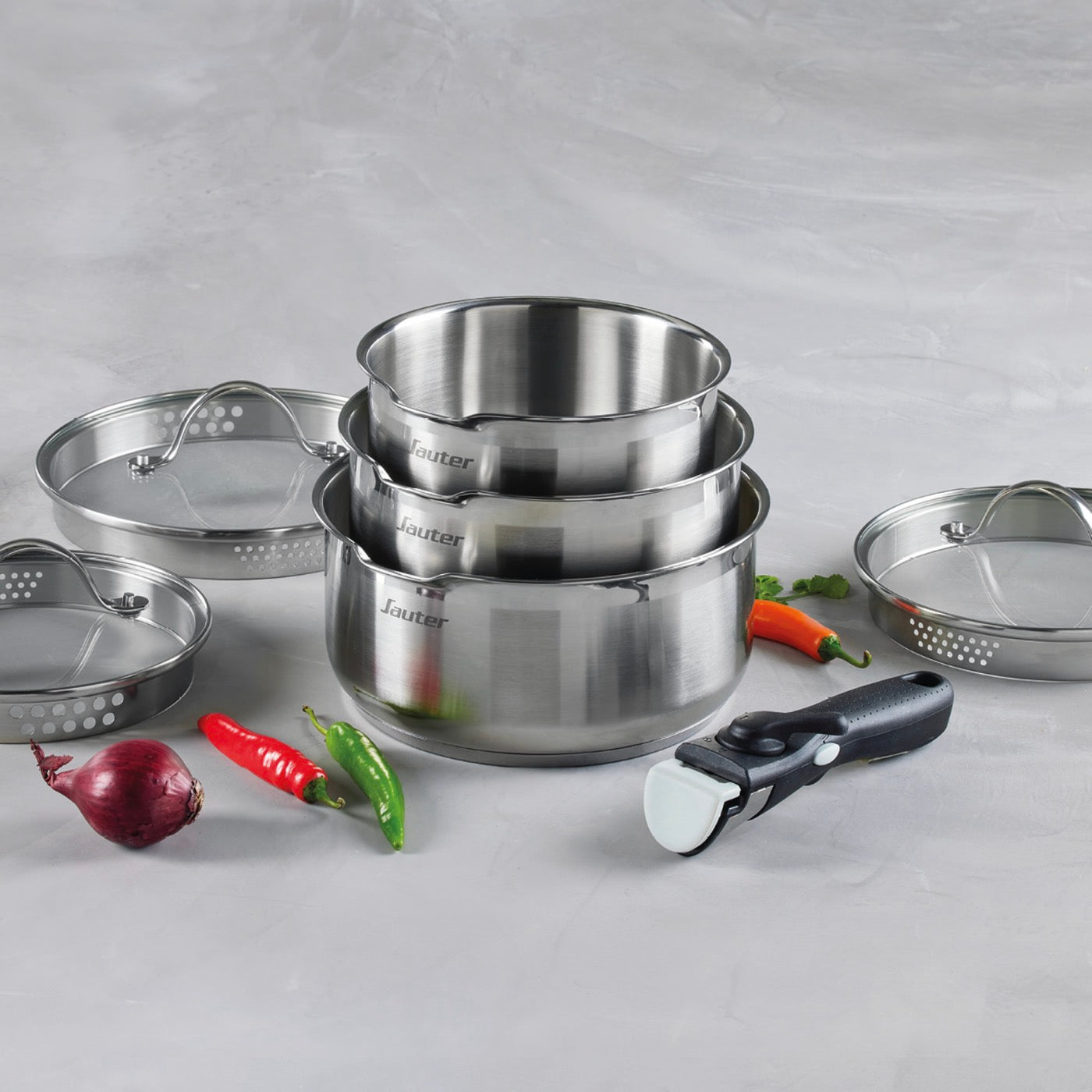 Set of 3 Stainless Steel Saucepans with Removable Handle + 3 Colander Lids with Stainless Steel Handle - Silver