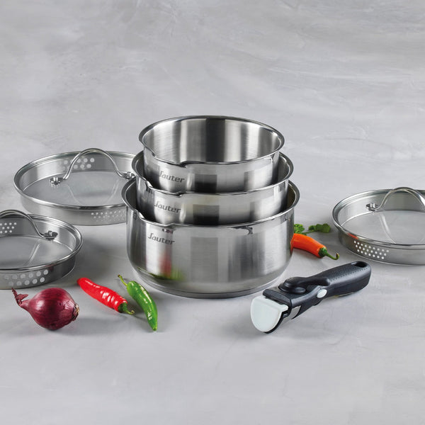 Set of 3 Stainless Steel Saucepans with Removable Handle + 3 Strainer Lids with Stainless Steel Handle - Silver