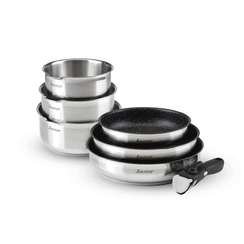 Set De 3 Cacerolas En Inox + 3 Sartenes Con Revestimiento Antiadherente + Mango Extraíble - Plateado/Negro