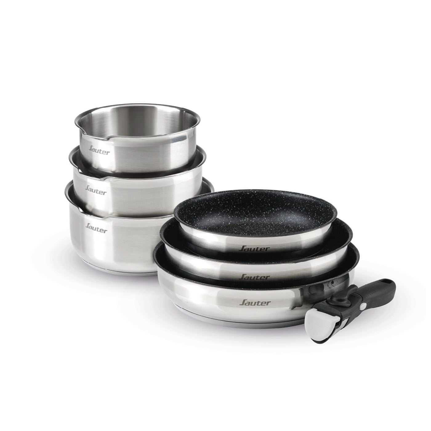 Set De 3 Cacerolas En Inox + 3 Sartenes Con Revestimiento Antiadherente + Mango Extraíble - Plateado/Negro