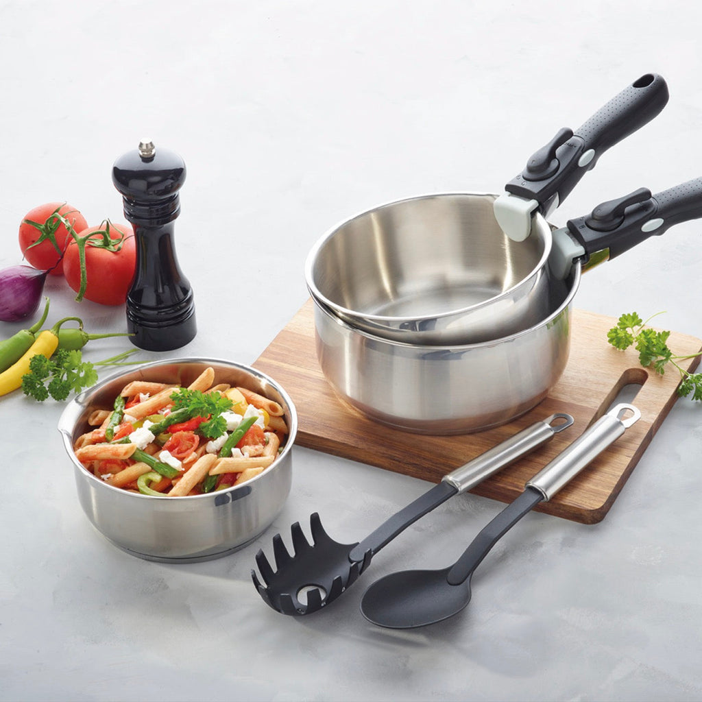 Set De 3 Cacerolas En Inox + 3 Sartenes Con Revestimiento Antiadherente + Mango Extraíble - Plateado/Negro