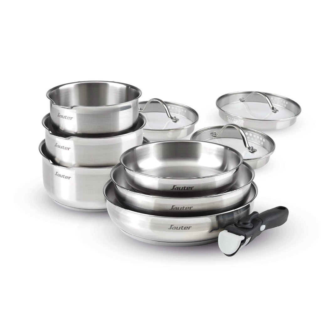 Set De 3 Cacerolas De Inox + 3 Sartenes + 1 Mango Extraíble + 3 Tapas Coladores Con Mango De Inox - Plateado