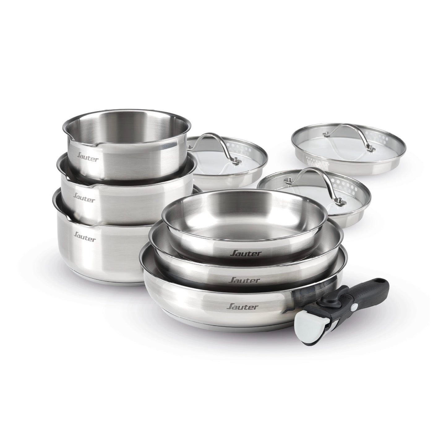 Set De 3 Cacerolas De Inox + 3 Sartenes + 1 Mango Extraíble + 3 Tapas Coladores Con Mango De Inox - Plateado