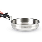Set De 3 Cacerolas De Inox + 3 Sartenes + 1 Mango Extraíble + 3 Tapas Coladores Con Mango De Inox - Plateado