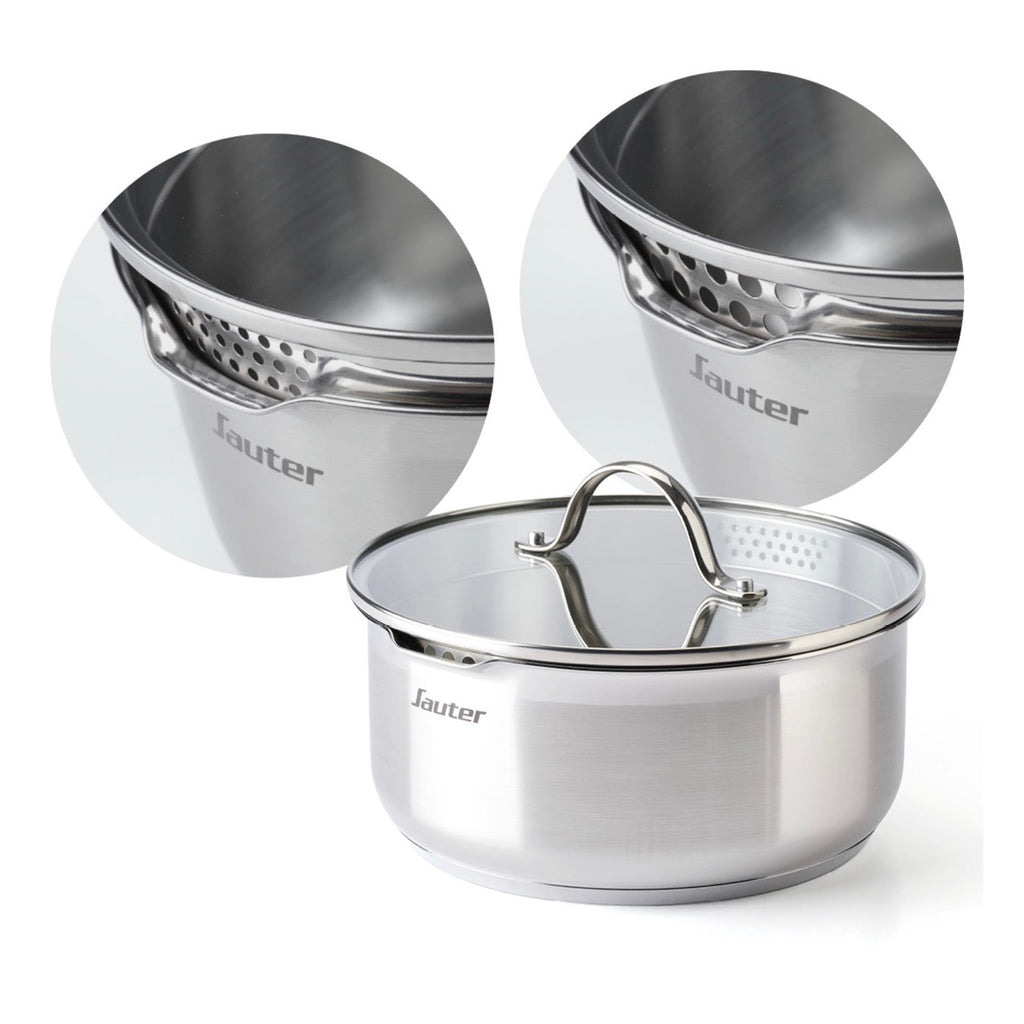 Set De 3 Cacerolas De Inox + 3 Sartenes + 1 Mango Extraíble + 3 Tapas Coladores Con Mango De Inox - Plateado