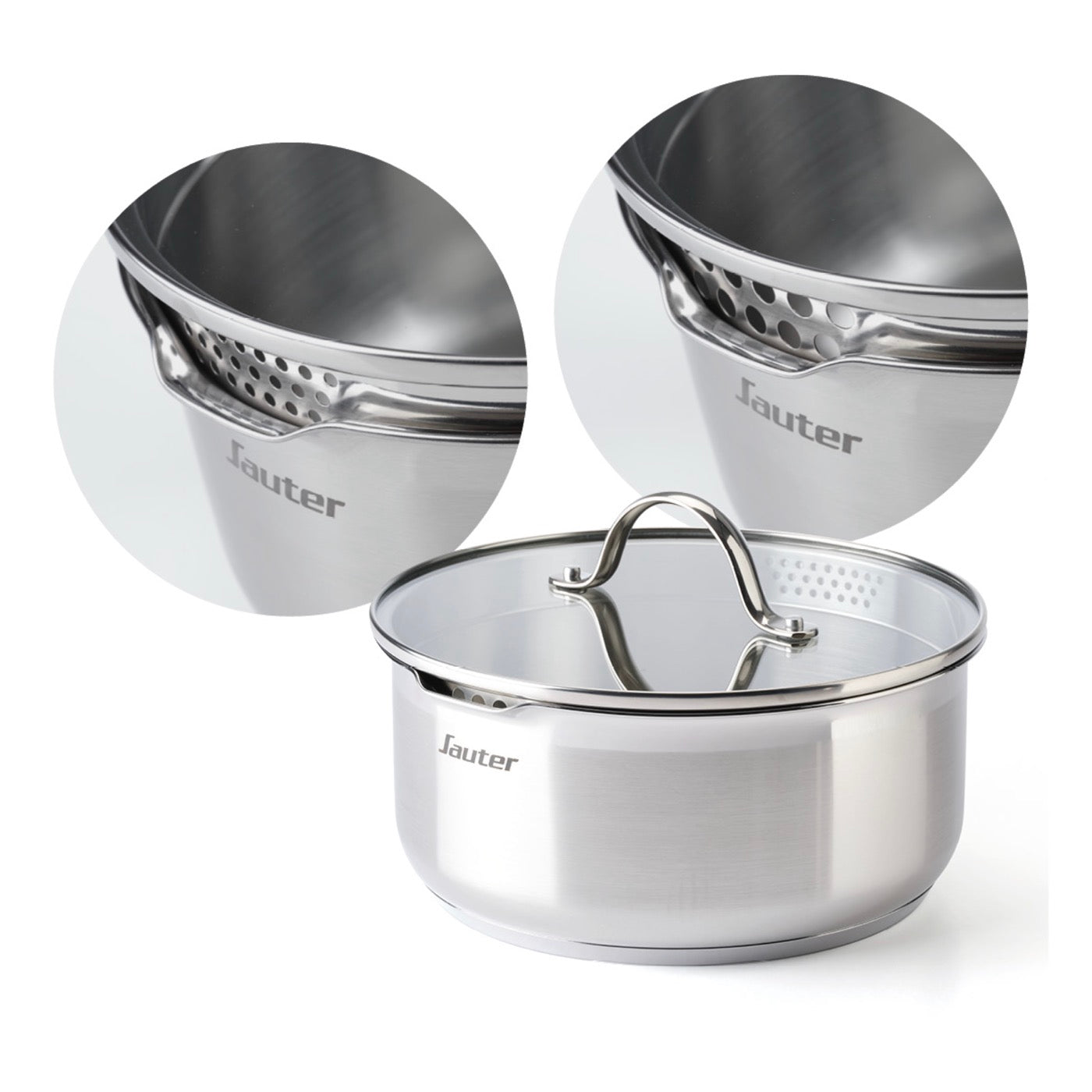 Set De 3 Cacerolas De Inox + 3 Sartenes + 1 Mango Extraíble + 3 Tapas Coladores Con Mango De Inox - Plateado