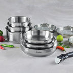 Set De 3 Cacerolas De Inox + 3 Sartenes + 1 Mango Extraíble + 3 Tapas Coladores Con Mango De Inox - Plateado