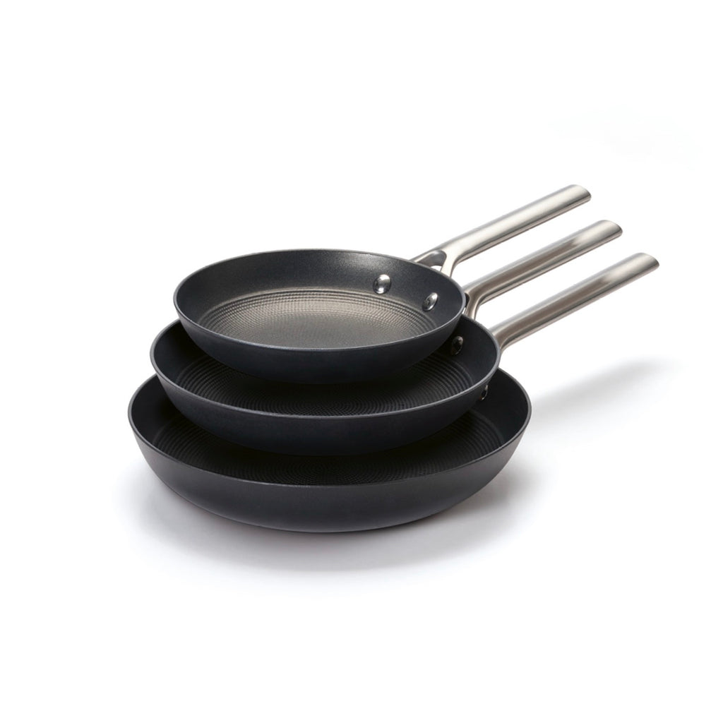 Set De 3 Poêle En Fonte Structure Nid D'Abeille Avec Poignée En Inox - Noir