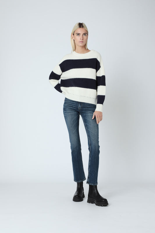 Berenice - Pull Col Rond Raye Studs - Off White / Navy