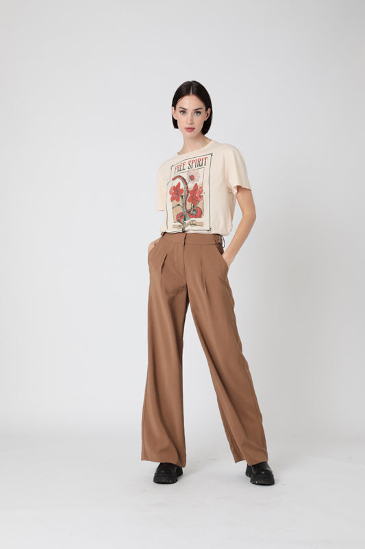 Berenice - Pantalon Droit Ceinture Surpiquee - Camel