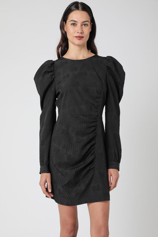 Berenice - Long-Sleeved Gathered Dress - Chevron Noir
