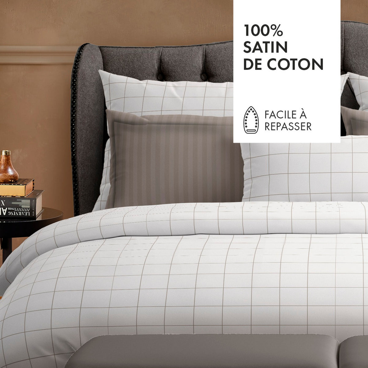 Set De 2 Taies D'Oreiller Satin De Coton - Motif À Carreaux Blanc / Taupe