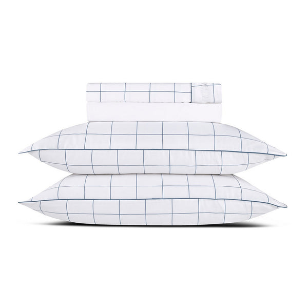 Set Di Lenzuola In Raso Di Cotone - Fantasia A Quadri Bianco / Blu