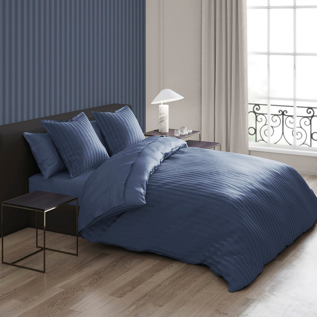 Set de 2 fundas de almohada de satén de algodón a rayas tejidas dobby - Azul - Dobby Stripe Woven