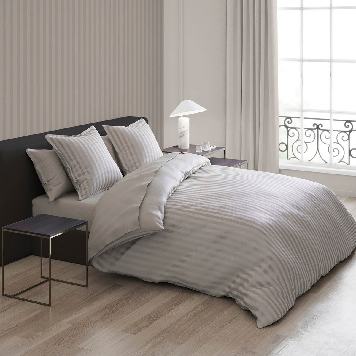 Set de 2 fundas de almohada de satén de algodón de rayas tejido dobby - Taupe - Dobby Stripe Woven