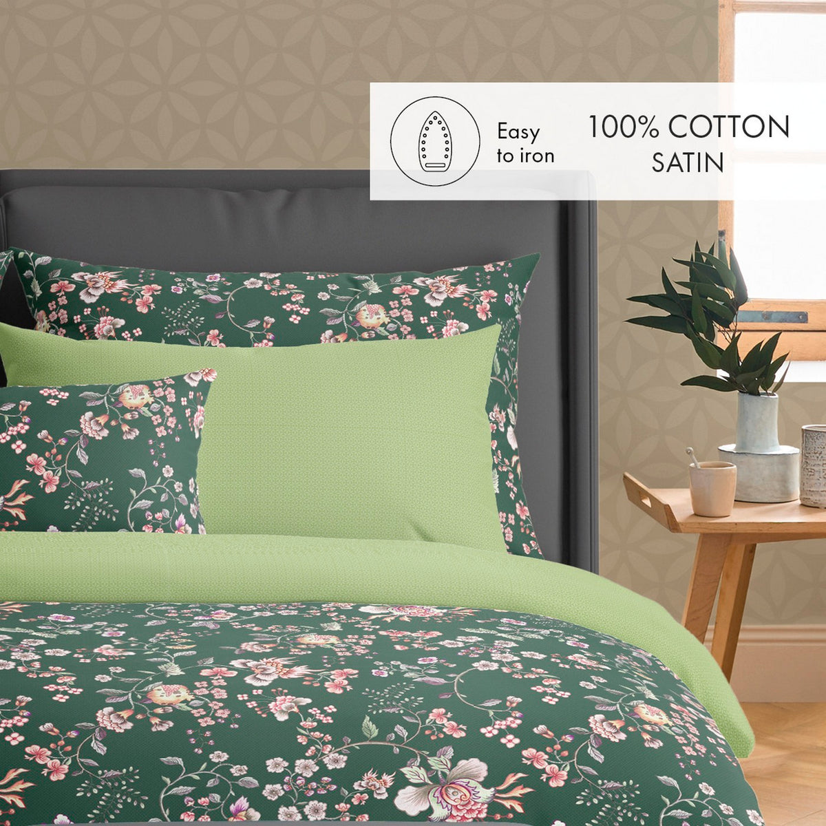 Set De 2 Fundas De Almohada De Raso De Algodón - Verde - Murmure Floral