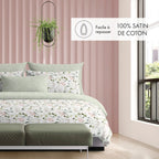 Funda De Almohada Cilíndrica Satén De Algodón - Verde - Hojas De Corazón