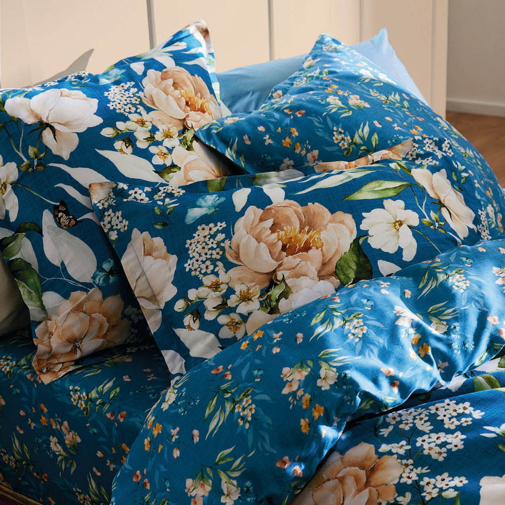 Set di 2 federe in raso di cotone - Blu - Giardino di fiori
