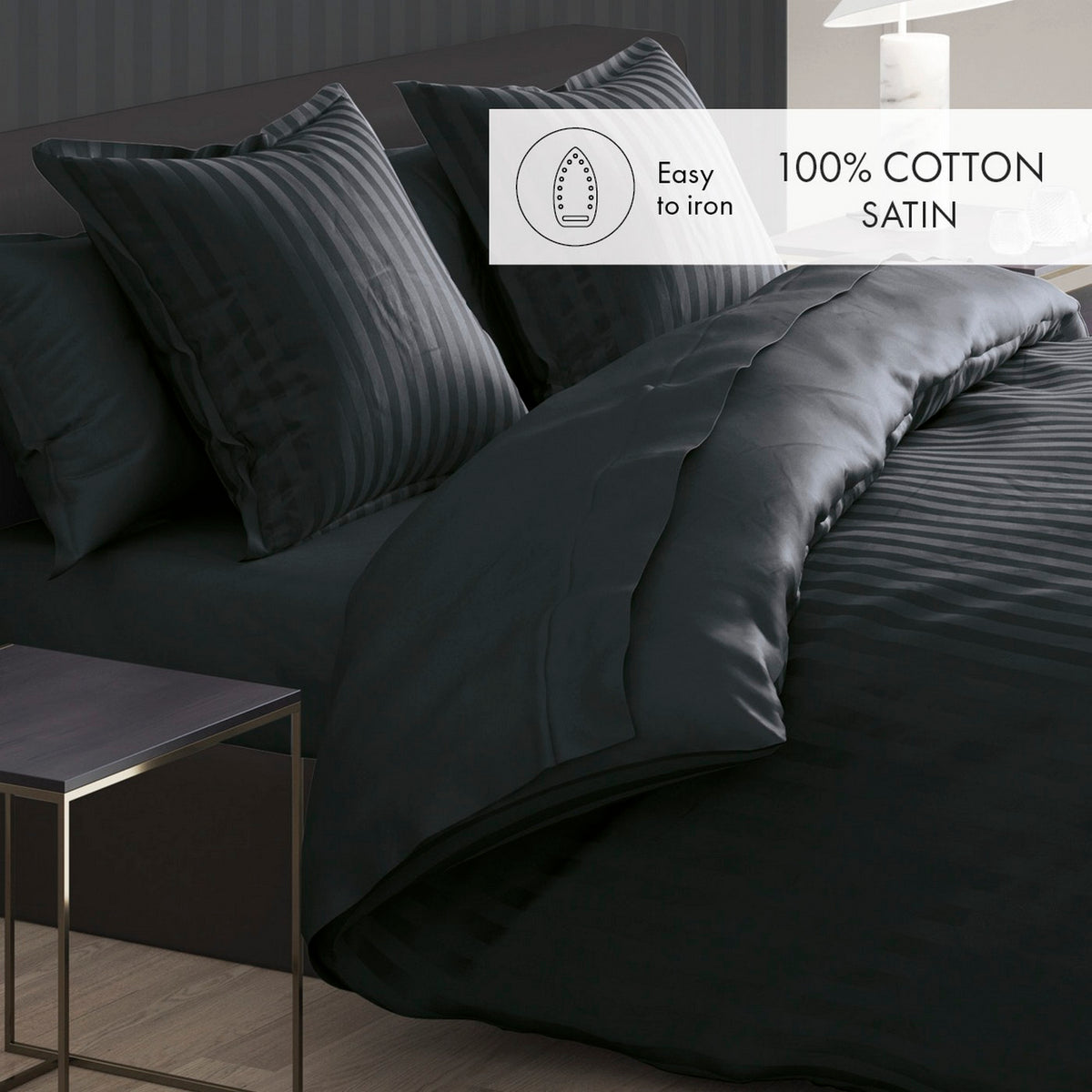 Set di 2 federe per cuscino in raso di cotone a righe tessuto dobby - Nero - Dobby Stripe Woven