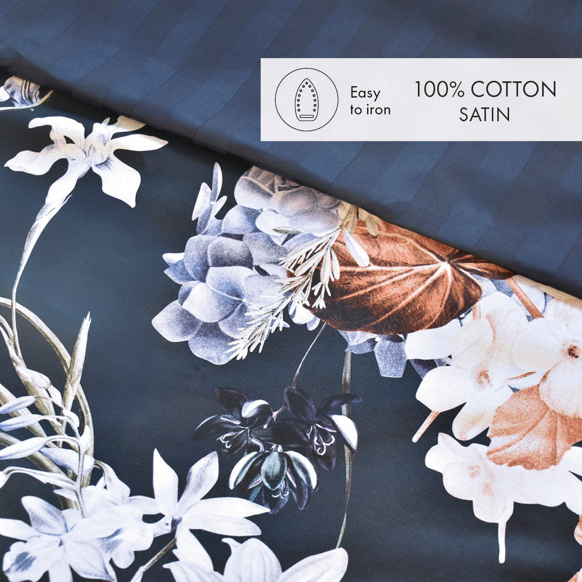 Housse De Couette + Taies D'Oreiller Satin De Coton - Bleu Foncé - Floraison D'Hortensias